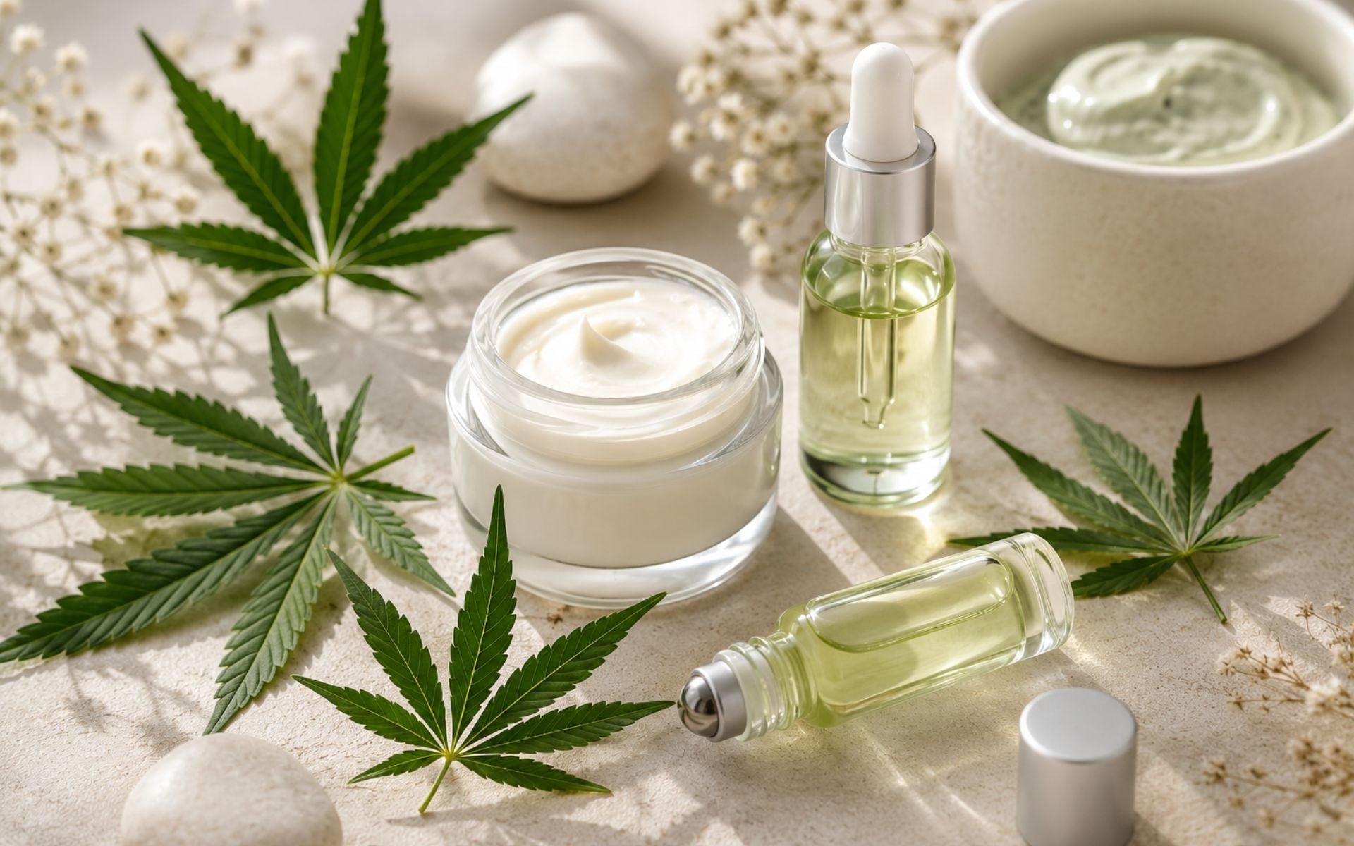 Produits cosmétiques au CBD avec crème de soin, sérum et roll-on entourés de feuilles de chanvre dans une ambiance naturelle et apaisante.