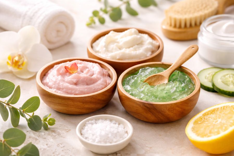 Bols de gommages visage et corps aux textures différentes posés dans une ambiance spa douce avec citron, concombre et serviette roulée.