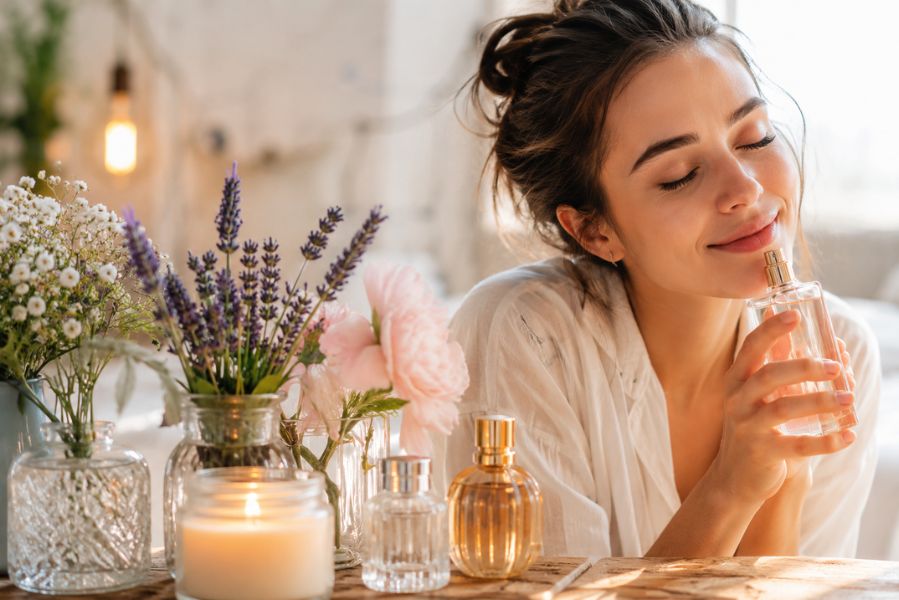 femme souriante sentant un parfum dans une ambiance apaisante avec fleurs et bougies évoquant le bien-être émotionnel