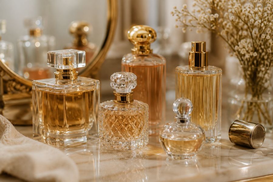 Collection de flacons de parfum soigneusement conservés dans un intérieur lumineux, représentant les bonnes pratiques de stockage pour préserver la qualité et les notes olfactives d'une fragrance au fil du temps.