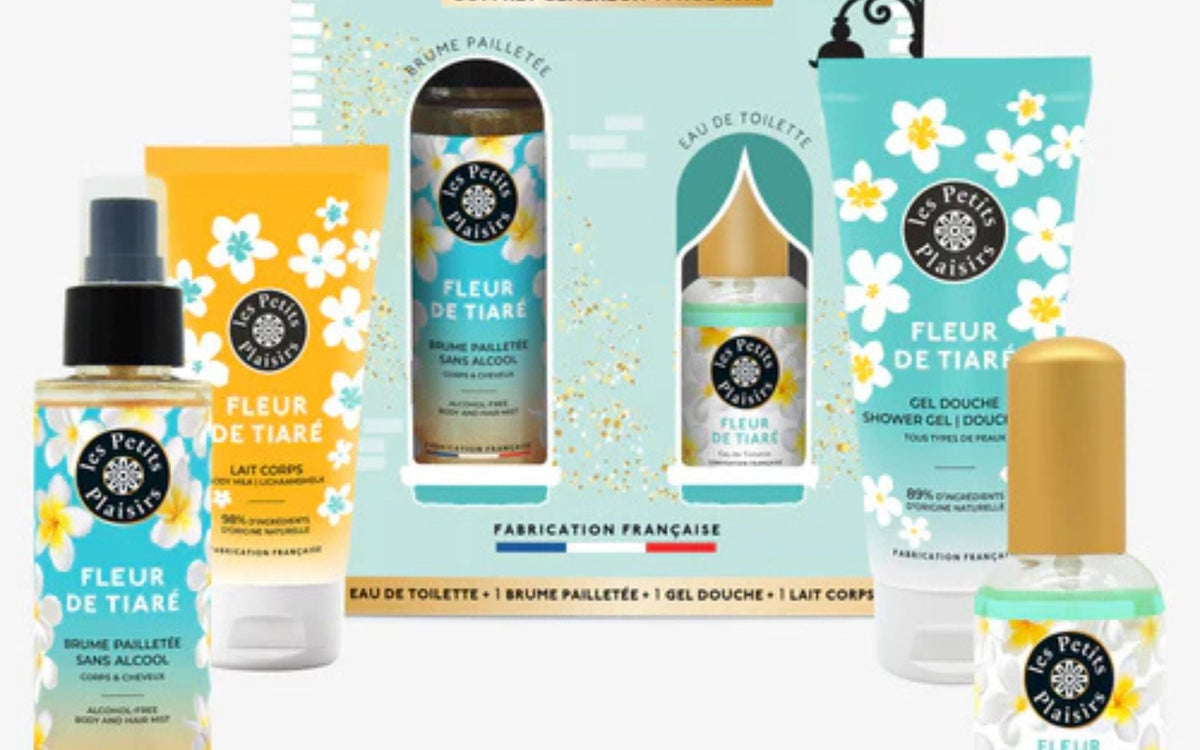 Coffret cadeau Les Petits Plaisirs Fleur de Tiaré composé de soins pour le corps et d’une fragrance, illustrant une idée de coffret personnalisé soin et parfum