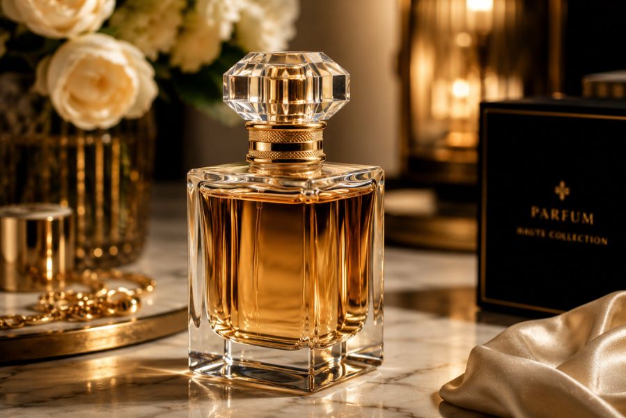 flacon de parfum élégant dans une ambiance luxueuse avec lumière chaude et décoration raffinée