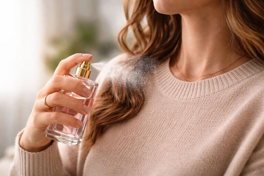 Femme vaporisant du parfum sur son pull en tissu, illustrant l’application d’une fragrance directement sur les vêtements.