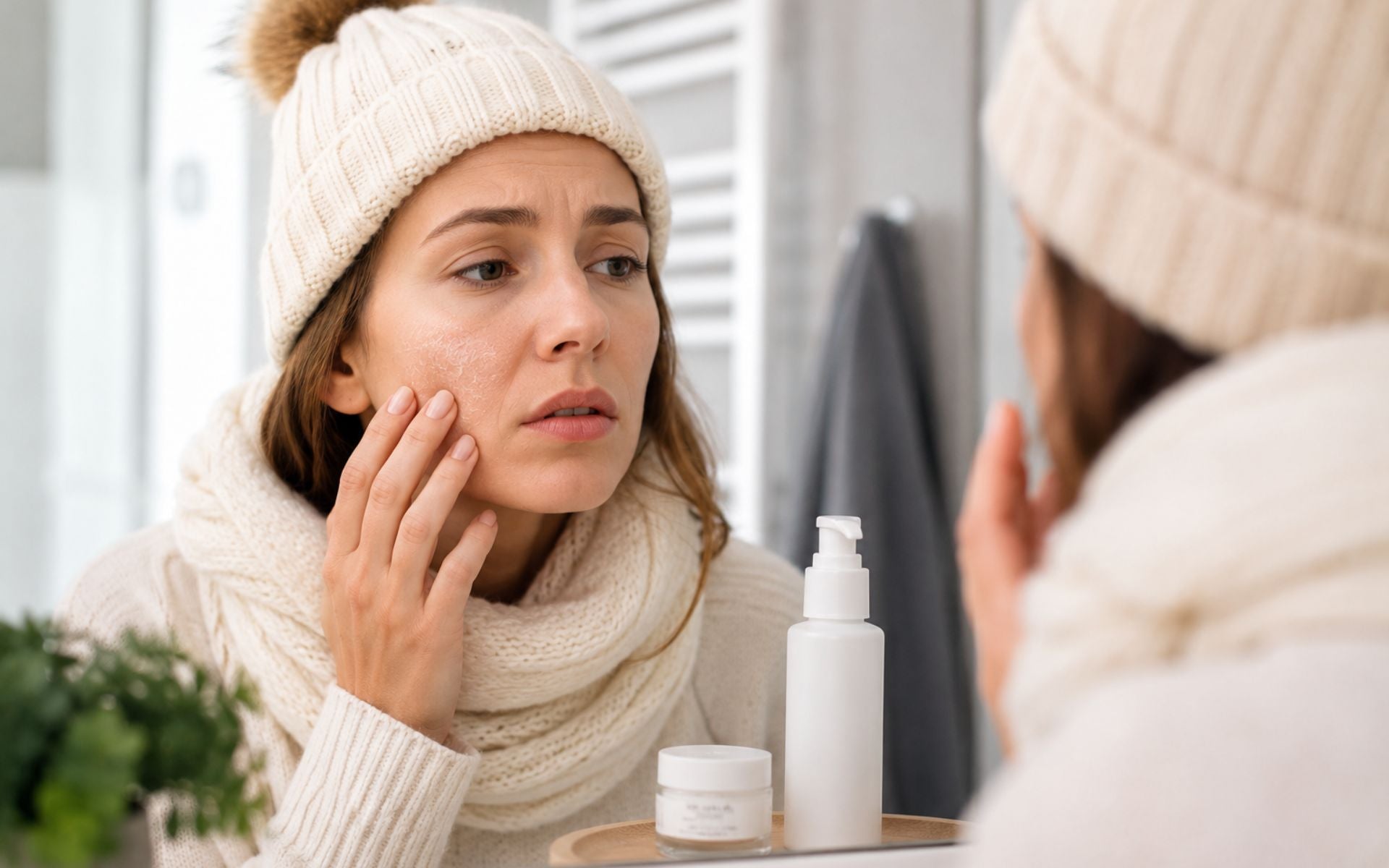 Femme examinant une peau sèche et déshydratée devant un miroir en hiver, avec des soins hydratants dans une salle de bain.